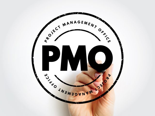 PMO Project Management Office - department that defines, maintains and ensures project management standards across an organization, acronym text stamp concept background
